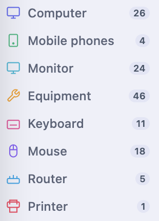 Category list — Computer, Mobile phones, Monitor, Equipment, Keyboard, Mouse, Router, Printer