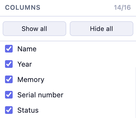 Columns panel — Show all / Hide all with column checkboxes