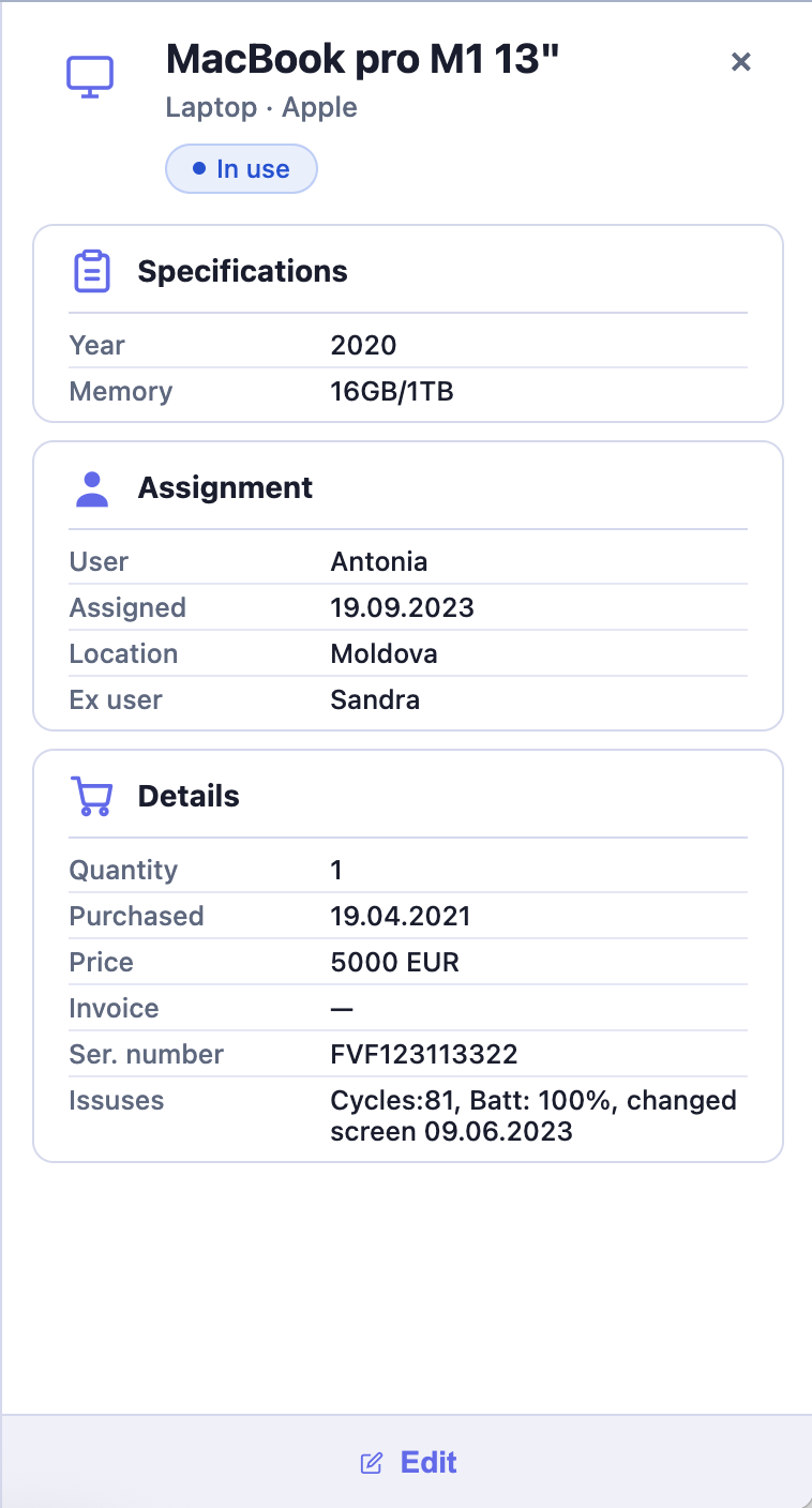 Item details panel — Specifications, Assignment, Details
