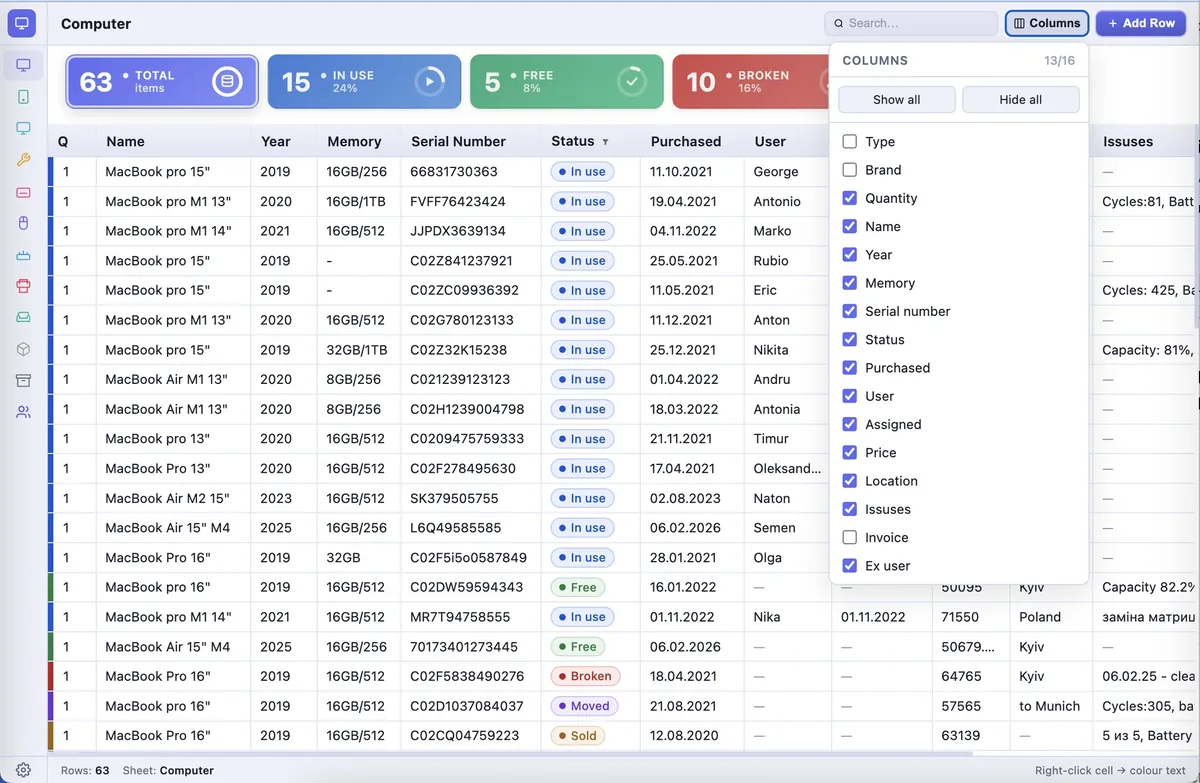 Main inventory view — table with column management panel