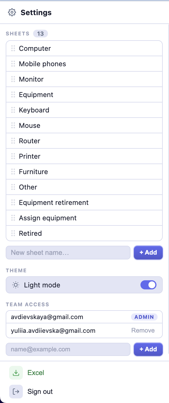 Settings & navigation — sheets, theme, team access